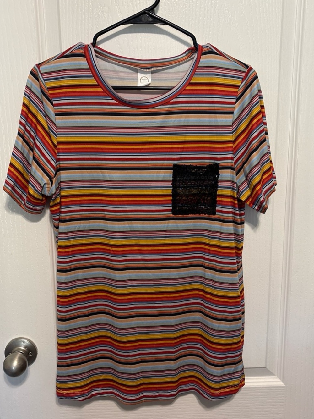 Striped Short-Sleeve Women's Tee with Black Sequin Pocket